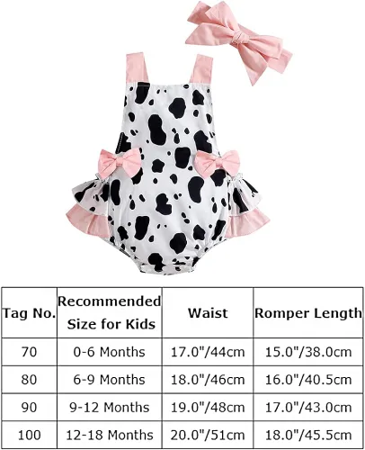 Vista 7 de IDOPIP Baby Girls Cow Print Romper Summer Sleeveless Jumpsuit Ruffle Backless Sunsuit Dress with Headband Cow Birthday Outfit