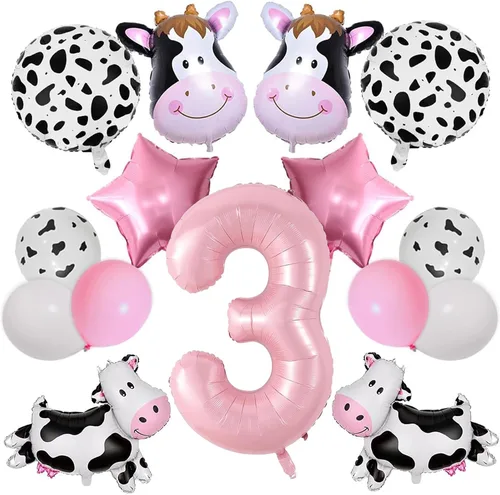 Vista 6 de Globos de vaca, decoraciones de cumpleaños con texto en inglés "Holy Cow Im One", globos con estampado de vaca para niña, fiesta de primer