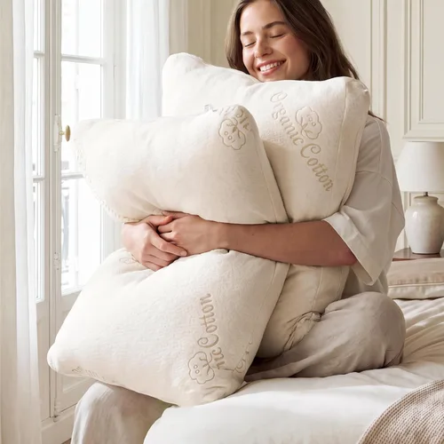 Vista 5 de Almohada estándar de algodón orgánico para dormir, con espuma viscoelástica triturada certificada CertiPUR-US, almohada ajustable con refuerzo