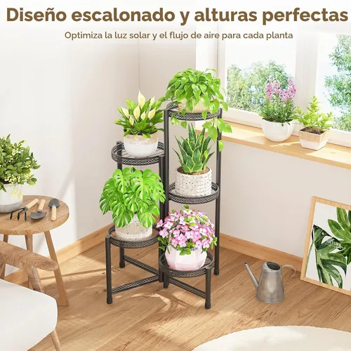 Vista 7 de LASZOLA Soporte alto plegable para plantas de 5 niveles para interiores y exteriores, para macetas grandes, estante ajustable de metal resistente