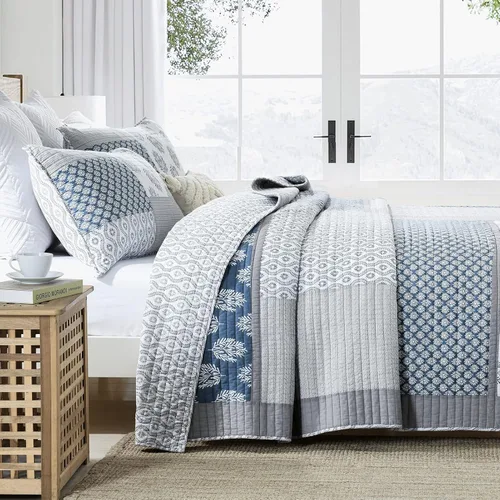 Vista 3 de Y-PLWOMEN Colchas tamaño Queen, 100% algodón, ligero, suave, tamaño Queen, azul, gris, blanco, acolchado, juego de ropa de cama reversible