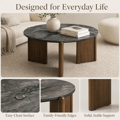 Vista 4 de Mesa de centro redonda de mármol negro con tres patas de madera de nogal, mesa central moderna para sala de estar, decoración del hogar, oficina