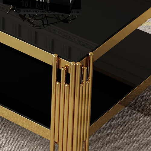 Vista 5 de Mesa de centro de cristal de lujo, mesa de centro de sofá de 47 pulgadas con marco de acero inoxidable dorado y parte superior de vidrio negro, mesa