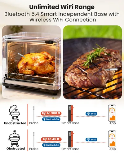 Vista 2 de UNERVER Termómetro inteligente inalámbrico Bluetooth para carne con WiFi, alta precisión ± 0.5 °F, base inteligente, 1 sonda con 6 sensores