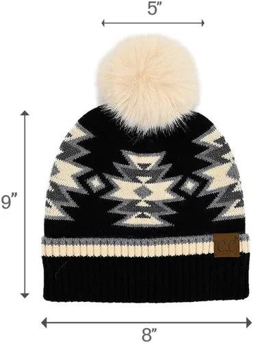 Vista 5 de C.C Southwest - Gorro de punto con pompón para mujer, unisex, elástico, suave, cálido, con piel sintética, gorro de invierno Azteca-negro