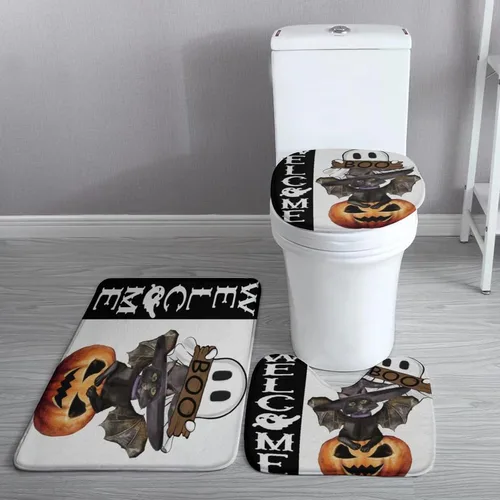 Vista 4 de Juego de 3 tapetes de baño de Halloween de bienvenida, diseño de fantasma, boo, gato, bruja, murciélago, calabaza, juego de alfombrillas de baño