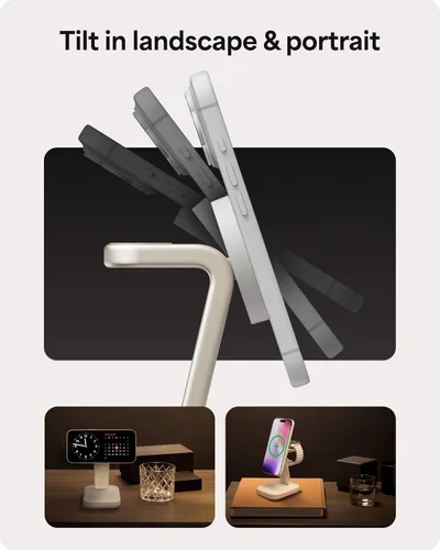Vista 5 de Mophie Soporte de carga inalámbrico 2 en 1, certificado Qi2, cargador MagSafe para iPhone y Apple Watch, estación de carga rápida con soporte