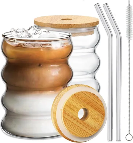Vista 10 de Ework4U 2 Piezas Vasos para Beber con Popote de Vidrio de 14 Onzas Juego de Cristalería, Vasos de Cóctel, Vasos de Café Helado, Vasos de Cerveza