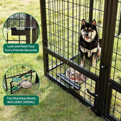 Vista 3 de Perrera para perros al aire libre de 4.5 x 4.5 x 4.9 pies con techo y soportes giratorios para tazones, recinto de metal grande para perros, casa