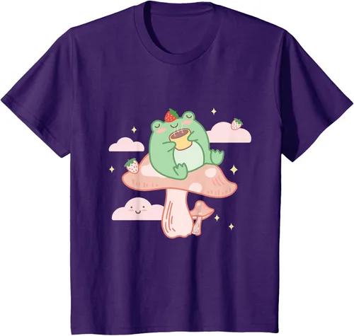 Vista 26 de Kawaii Strawberry Frog On Mushroom - Camiseta de manga corta de anime, Azul / Patchwork, S Azul Pastel