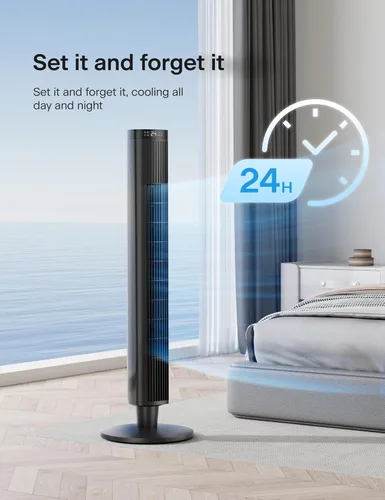 Vista 6 de PELONIS - Ventilador de torre de 42 pulgadas para dormitorio – 26 pies/s, ventilador de torre oscilante de 90° con control remoto, pantalla LED