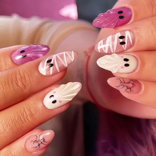 Vista 19 de Paquete de 6 144 uñas acrílicas de Halloween a presión, uñas postizas reutilizables de cobertura completa, uñas postizas adhesivas con pegamento H103