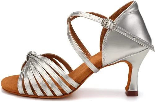 Vista 7 de Zapatos de baile latino de satén con punta abierta y tacón de 3 Beige