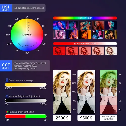 Vista 5 de Varita de luz LED RGB con soporte, QEUOOIY 360° a todo color 2500-9500K iluminación portátil de fotografía de estudio, batería recargable de 5000