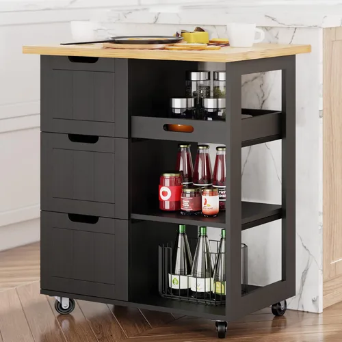 Vista 11 de Shintenchi Isla de cocina con hoja plegable, mesa de isla enrollable con almacenamiento, armario de cocina con ruedas con área de asiento