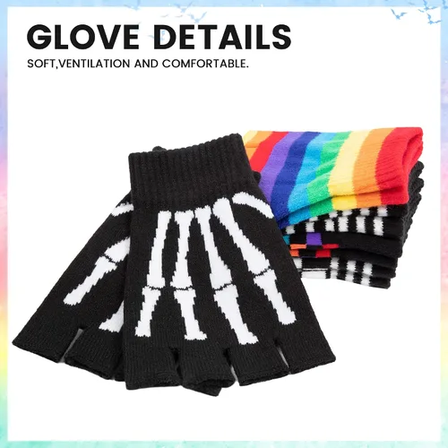 Vista 6 de Simplicity Guantes de esqueleto sin dedos para mujeres y hombres, guantes de calavera elásticos de punto