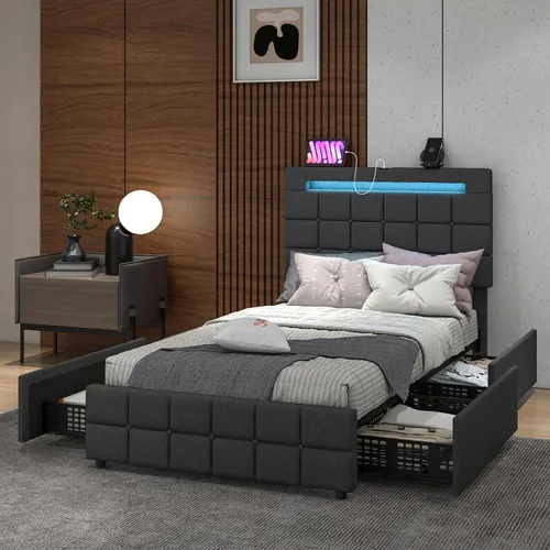 Vista 8 de Giantex Base de cama individual con luces LED y 4 cajones, base de cama de plataforma tapizada con puertos USB, diseño de cabecera ajustable