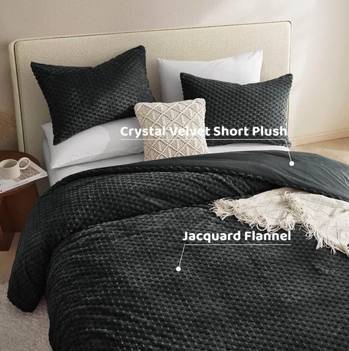 Vista 4 de Petrichor Juego de edredón esponjoso tamaño individual, edredón grueso de franela negra ultrasuave para cama Queen, juego de ropa de cama cálido