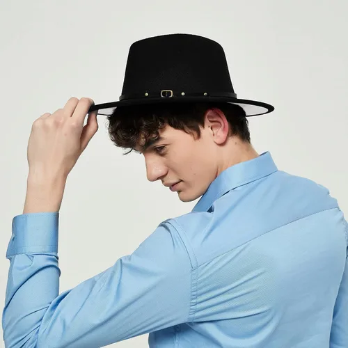 Vista 6 de jingsha Sombreros Fedora para hombres y mujeres de ala ancha Fedora de fieltro de Panamá, sombreros de vestir para hombre con hebilla de cinturón