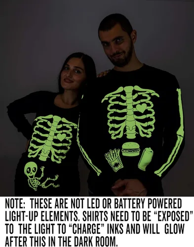 Vista 3 de Pareja de Halloween que brilla en la oscuridad Camisas de manga larga para bebé Rayos X Camiseta de maternidad para hombre, hamburguesa, esqueleto