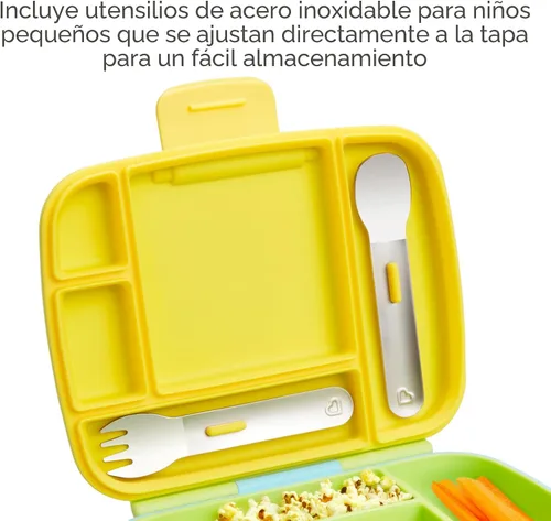 Vista 3 de Munchkin - Lonchera Bento para niños y bebés, incluye utensilios de acero inoxidable, sin BPA, para 18 meses en adelante, Azul/Verde/Amarillo