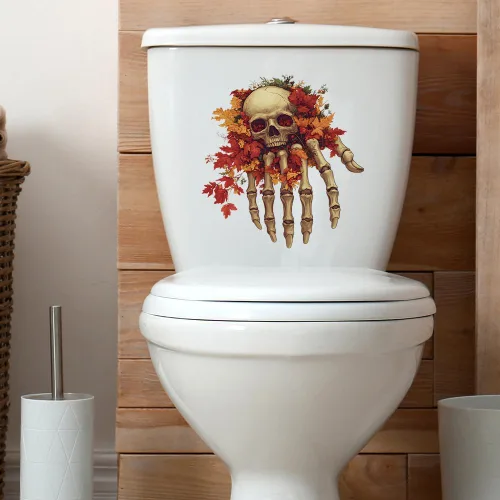 Vista 6 de Calavera de Halloween con calcomanías de arce autoadhesivas para inodoro, baño, pared, decoración del hogar, extraíble, sin residuos, 2