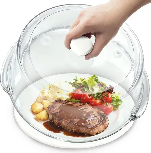 Vista 9 de Microwave Splatter Cover Glass Microwave Cover for Food with Easy Grip Silicone Knob and Ceramic Screws, Dual Vents and Honeycomb Silicone Pad, 10