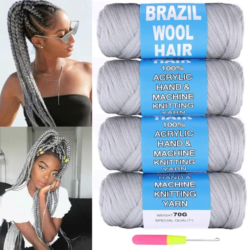 Vista 14 de COOKOO 2 rollos de hilo de lana brasileña color negro natural para cabello trenzado de ganchillo, trenzas, torsión, urdimbres, torsión senegalesa