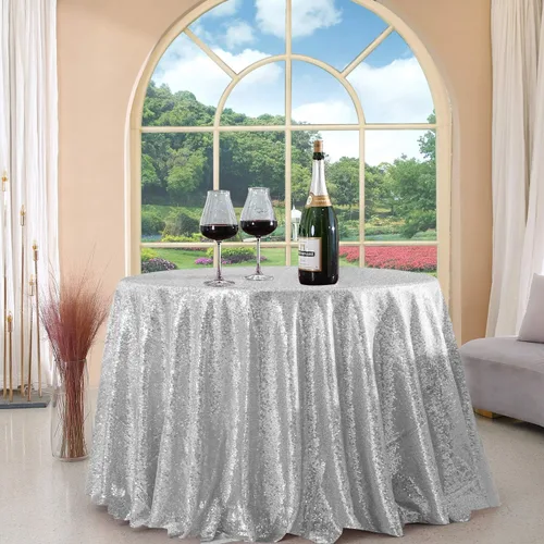 Vista 23 de Manteles redondos de lentejuelas negros para fiestas, de 121,9 cm, mantel redondo de purpurina ajustado, pequeño, lindo y dulce, para boda