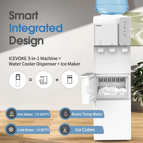 Vista 2 de Enfriador de agua 3 en 1 con máquina de hielo integrada, dispensador de hielo y agua de carga superior para botella de 3 o 5 galones, agua caliente