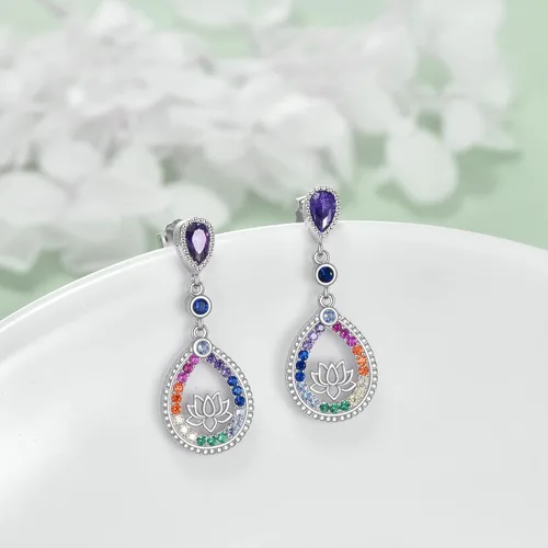 Vista 5 de AXELUNA Aretes de loto para mujer, plata de ley, chakras, flor de loto, aretes colgantes de gota para yoga, regalos para mujer, Plata de ley, plata