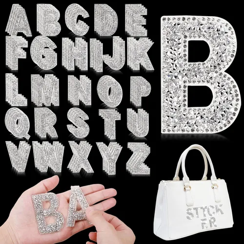 Vista 18 de Yinder 26 piezas de pegatinas de letras con purpurina y diamantes de imitación, diamantes de imitación para planchar, letras autoadhesivas A-Z Negro