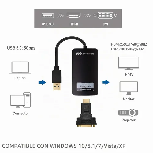 Vista 2 de Cable Matters - Adaptador USB 3.0 a HDMI, USB a HDMI, color negro