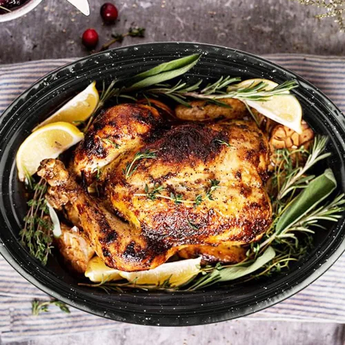 Vista 6 de Bandeja de asar ovalada esmaltada de 13 pulgadas con tapa abovedada - Para pavo de 7 libras, pollo, cordero, verduras