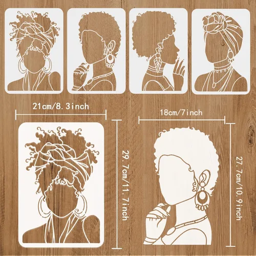 Vista 2 de FINGERINSPIRE 4 plantillas de pintura para niñas tribales africanas de belleza de 11.7 x 8.3 pulgadas, plantilla de silueta de cara de niña joven