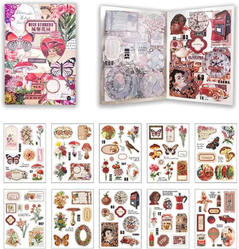 Vista 7 de Calcomanías de diario basura para álbumes de recortes, 166 piezas retro de flores, mariposas, naturaleza, poemas, letras decorativas para álbumes