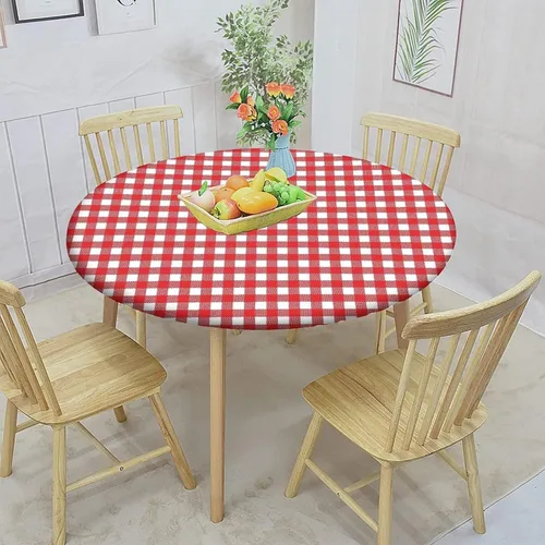 Vista 2 de Moderna funda redonda para mantel ajustable, diseño a cuadros de estilo vintage, con bordes elásticos, de poliéster, grande, se ajusta a mesas Rojo