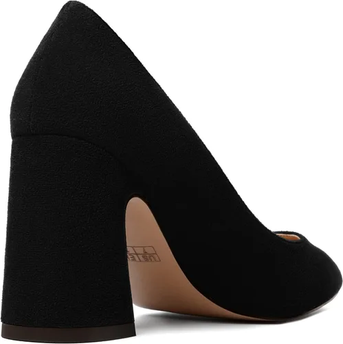 Vista 5 de MERRORI Zapatos de tacón alto y grueso para mujer, puntera puntiaguda, de gamuza, para oficina, sin cordones, zapatos de tacón de 3.3 pulgadas