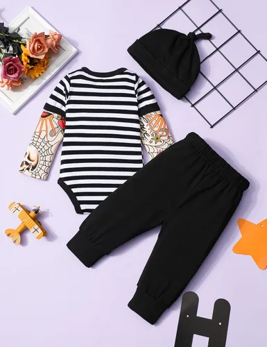 Vista 5 de Conjunto de 3 piezas de ropa para bebé y niño, manga de tatuaje, mameluco divertido y pantalones