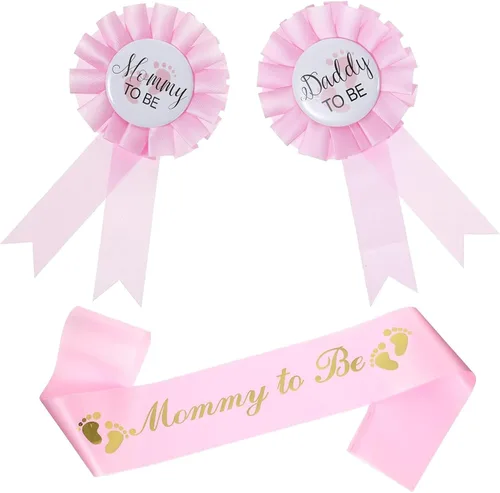 Vista 9 de 3 paquetes de decoraciones para baby shower, banda de futura mamá, insignia de papá y futura mamá, botón de pin para baby shower, celebración