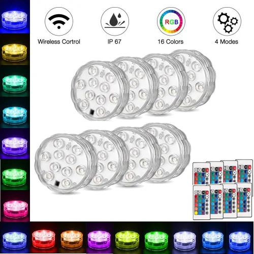 Vista 3 de Paquete de 8 luces LED sumergibles con control remoto, luces sumergibles impermeables que funcionan con pilas, luces subacuáticas para estanques RGB