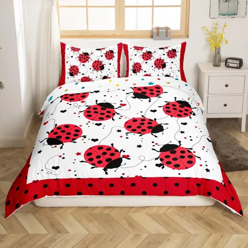 Vista 3 de Juego de ropa de cama de mariquita roja, tamaño individual, funda de edredón de mariquitas de dibujos animados para niños y niños, bonita funda
