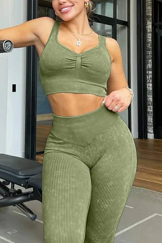 Vista 4 de Mulisky Conjuntos de entrenamiento de 2 piezas para mujer, acanalados, sin costuras, cintura alta, para correr, gimnasio, yoga