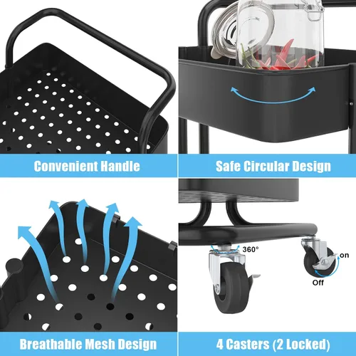 Vista 6 de Devo Carrito con ruedas de 4 niveles, carrito de almacenamiento resistente, con asa, 4 ganchos laterales, 2 tazas de almacenamiento y ruedas
