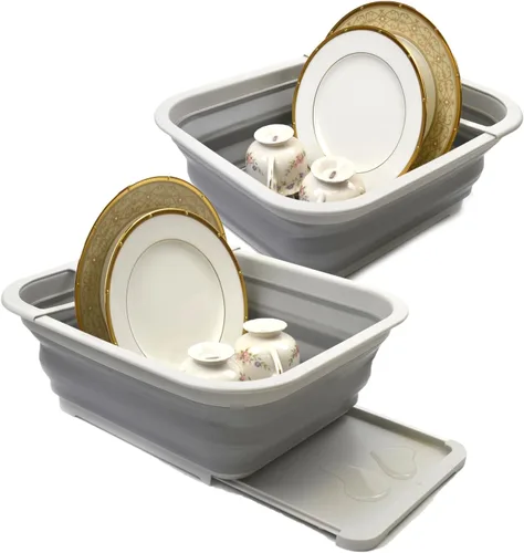 Vista 7 de SAMMART Escurridor de platos plegable con tabla escurridora, juego de escurridor plegable, organizador de vajilla portátil, bandeja