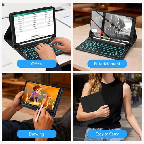 Vista 7 de Funda de teclado para Samsung Galaxy Tab A9 8.7" 2023, retroiluminación de 7 colores, funda de teclado inalámbrico desmontable con soporte para S