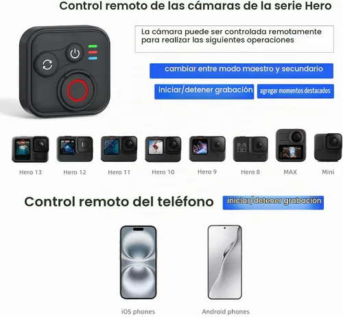 Vista 7 de Control remoto Bluetooth compatible con Insta360 X5 X4 X3 X2/Ace Pro2/Ace Pro/Ace/GO 3S/GO 3/ONE RS/ONE R, para GoPro Hero13/12/11/10/9/8/Max/Mini