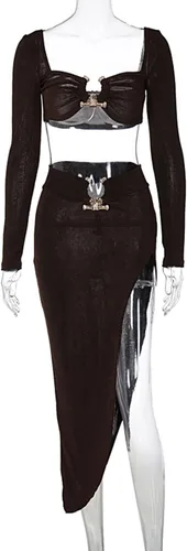 Vista 7 de Vestido de dos piezas para mujer, sexy, ajustado, con abertura, manga larga, para club, salida nocturna, maxi vestidos de fiesta