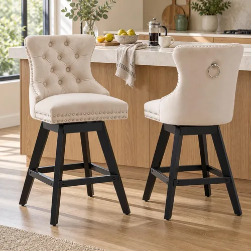 Vista 21 de Juego de 2 taburetes de bar giratorios modernos, taburetes de bar de 26.6 pulgadas de altura de mostrador beige con respaldo para isla de cocina