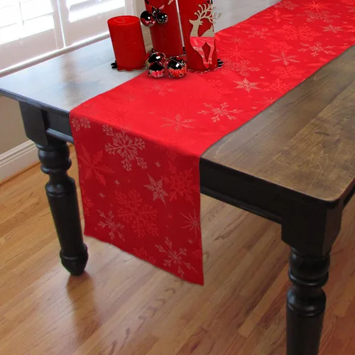Vista 13 de Camino de mesa tejido jacquard metálico con copos de nieve azul navideño (corredor de 14" x 72")